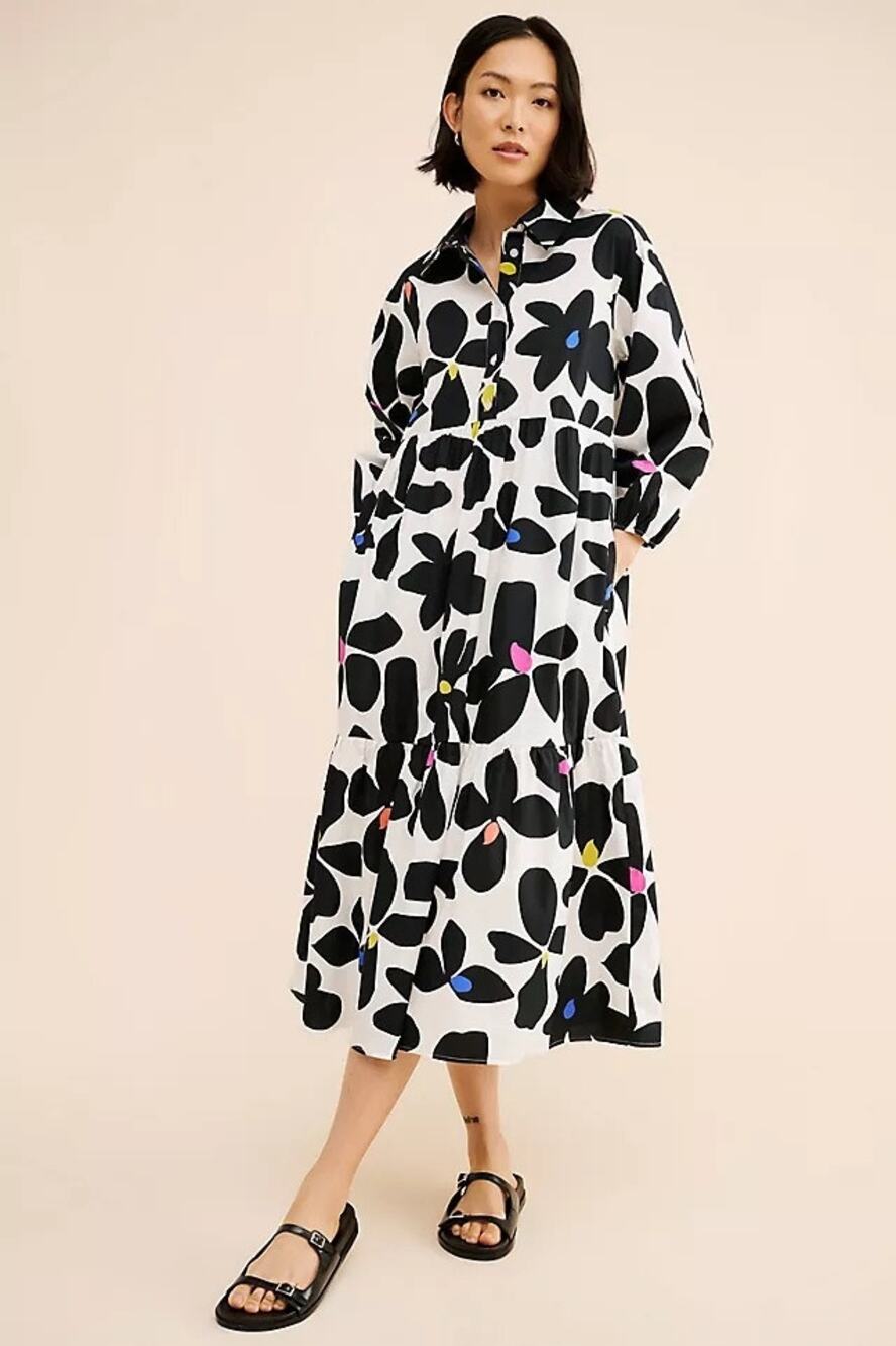 Maeve by Anthropologie Abstract Floral Tiered Shirt Midi Dress Size XS